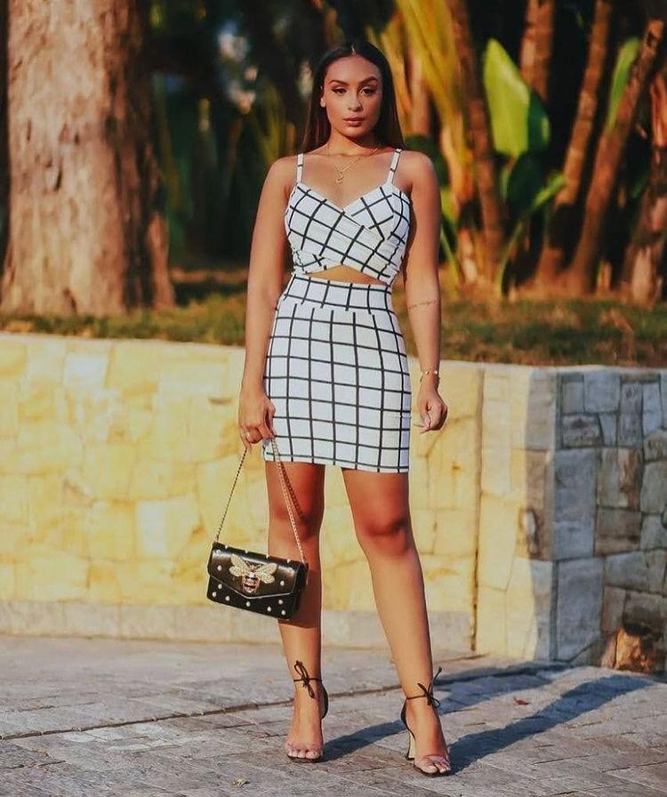 Conjunto Xadrez Cropped e Saia